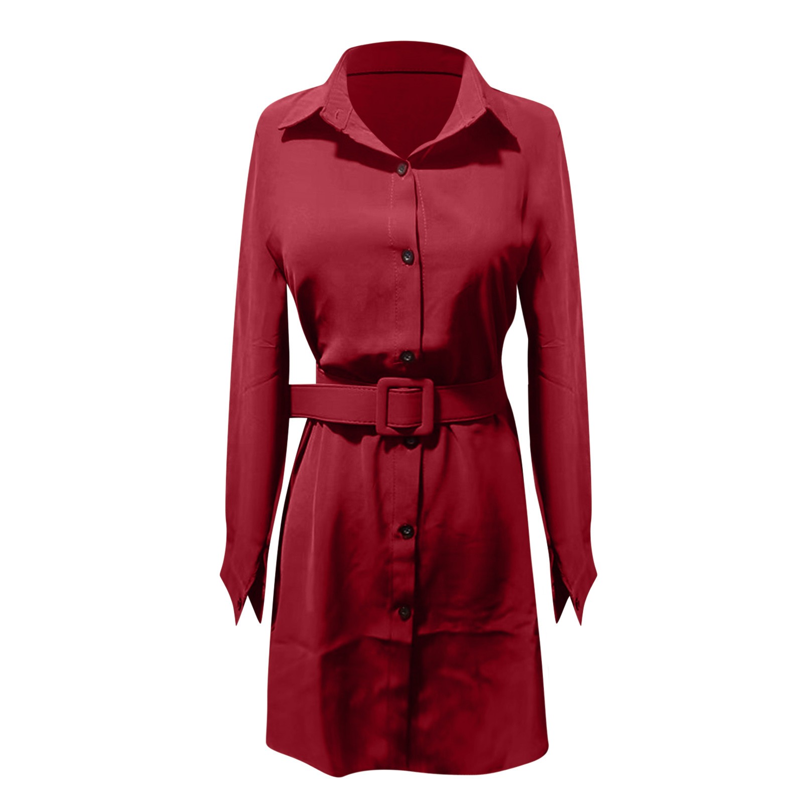 Vestido corto de otoño-invierno para mujer, manga larga, solapa, corte ajustado, estilo informal, tejido de poliéster suave y cómodo, color liso, corte holgado.